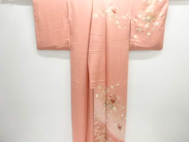  橘に短冊・牡丹模様刺繍訪問着